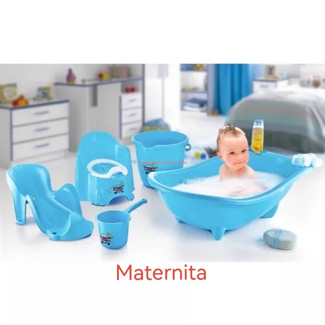 Ensemble de bain bébé 5 pièces – Baignoire, siège de bain, pot, seau et gobelet | Bambinerie Maternita Dakar