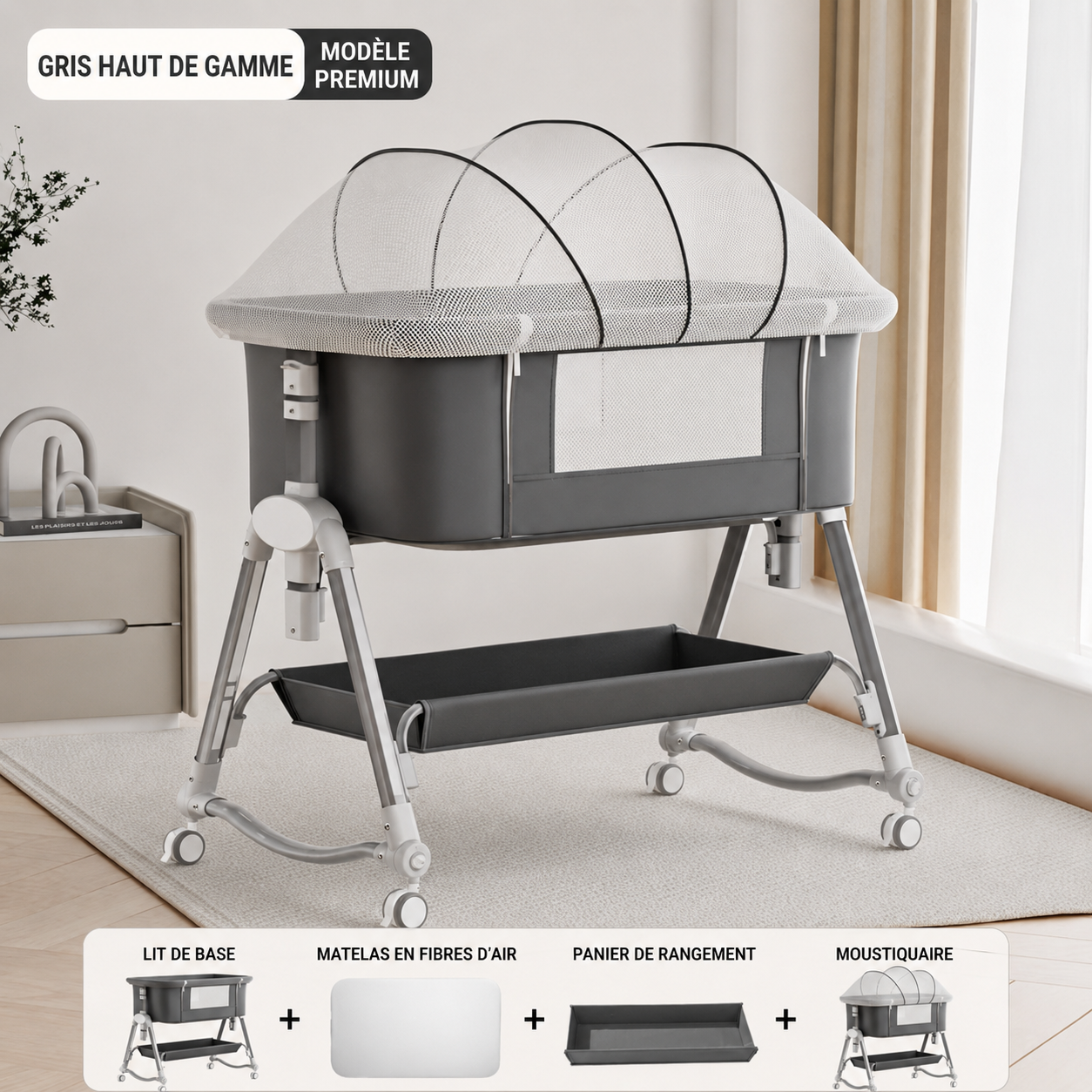 Couffin Cododo Ajustable Premium avec Moustiquaire – Beige & Gris Maternita Dakar – Image 3
