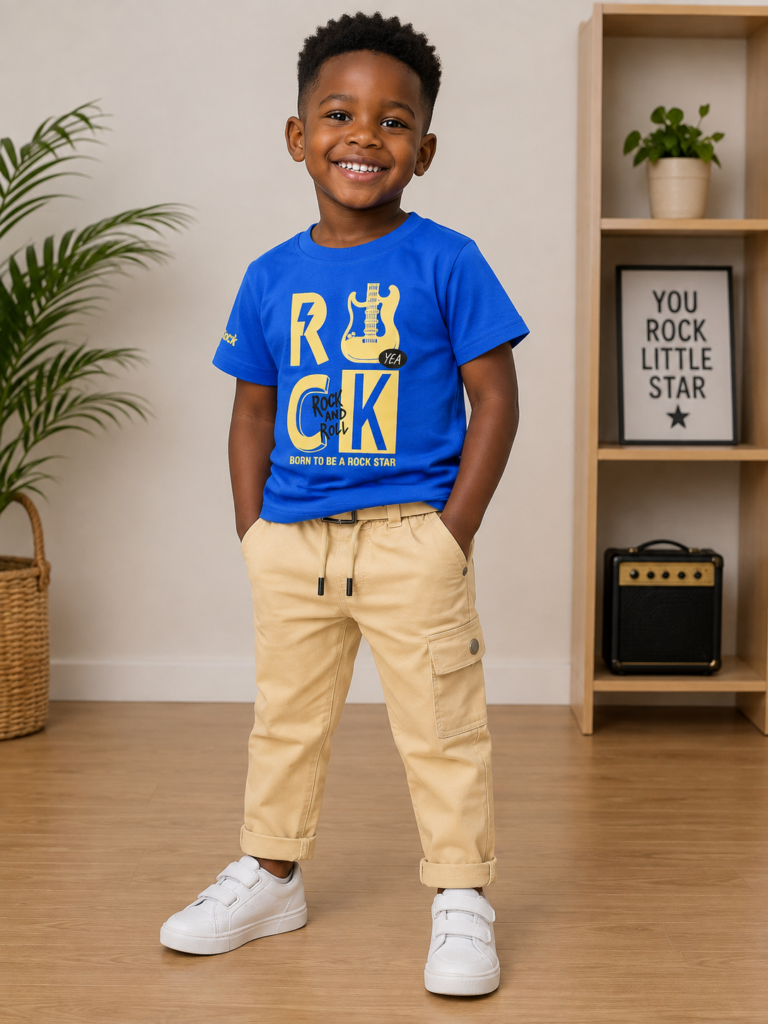 Ensemble garçon « Rock » T-shirt + pantalon cargo beige. Maternita Dakar