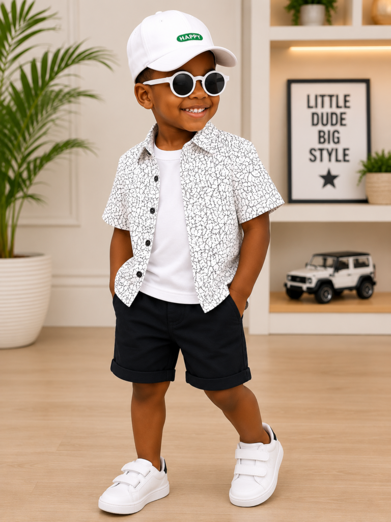ENSEMBLE GARÇON 5 PIÈCES – T-SHIRT, CHEMISE, SHORT, CASQUETTE & LUNETTES MATERNITA DAKAR