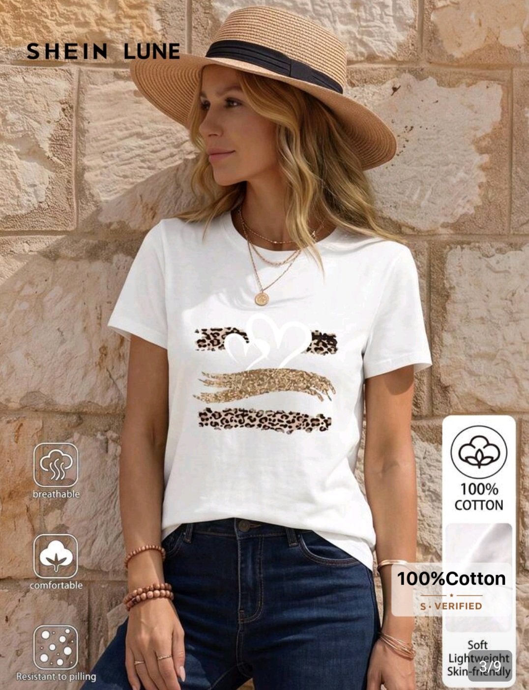 T-shirt blanc SHEIN LUNE 100% coton motif coeur léopard destockage neuf Bambinerie Maternita Dakar