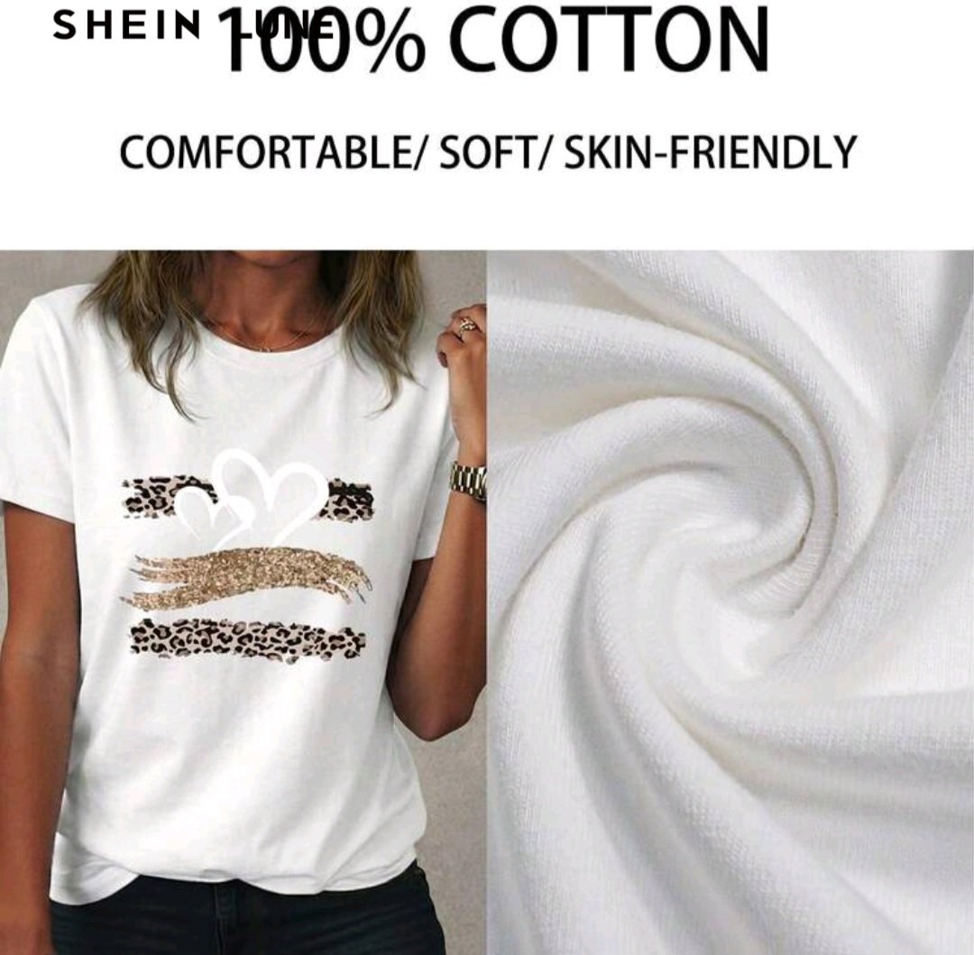 T-shirt blanc SHEIN LUNE 100% coton motif coeur léopard destockage neuf Bambinerie Maternita Dakar