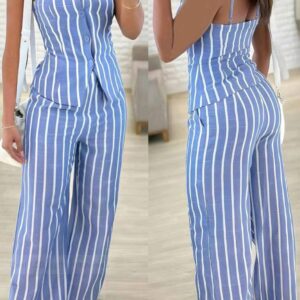 Ensemble 2 pièces Femme Rayé Bleu Ciel et Blanc – Tailles 40/42