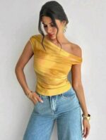 Top Femme Asymétrique Drapé Jaune Soleil – Prêt-à-porter Femme & Maternité Dakar | Tailles 40 & 42