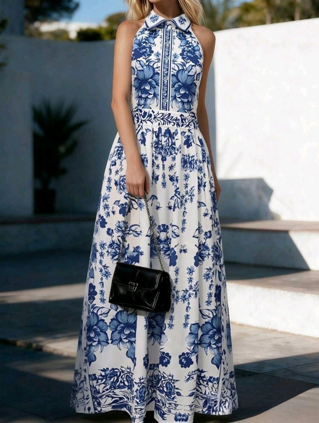 Robe Longue Femme Fleurie Porcelaine Bleue & Blanche – Élégance Rétro Chic | Bambinerie Maternita Dakar – Image 4