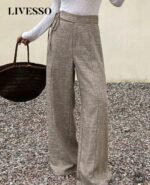 Pantalon Femme Fluide Taille Haute Cintrée à Liens – Marron Chiné Élégant | Maternita Dakar