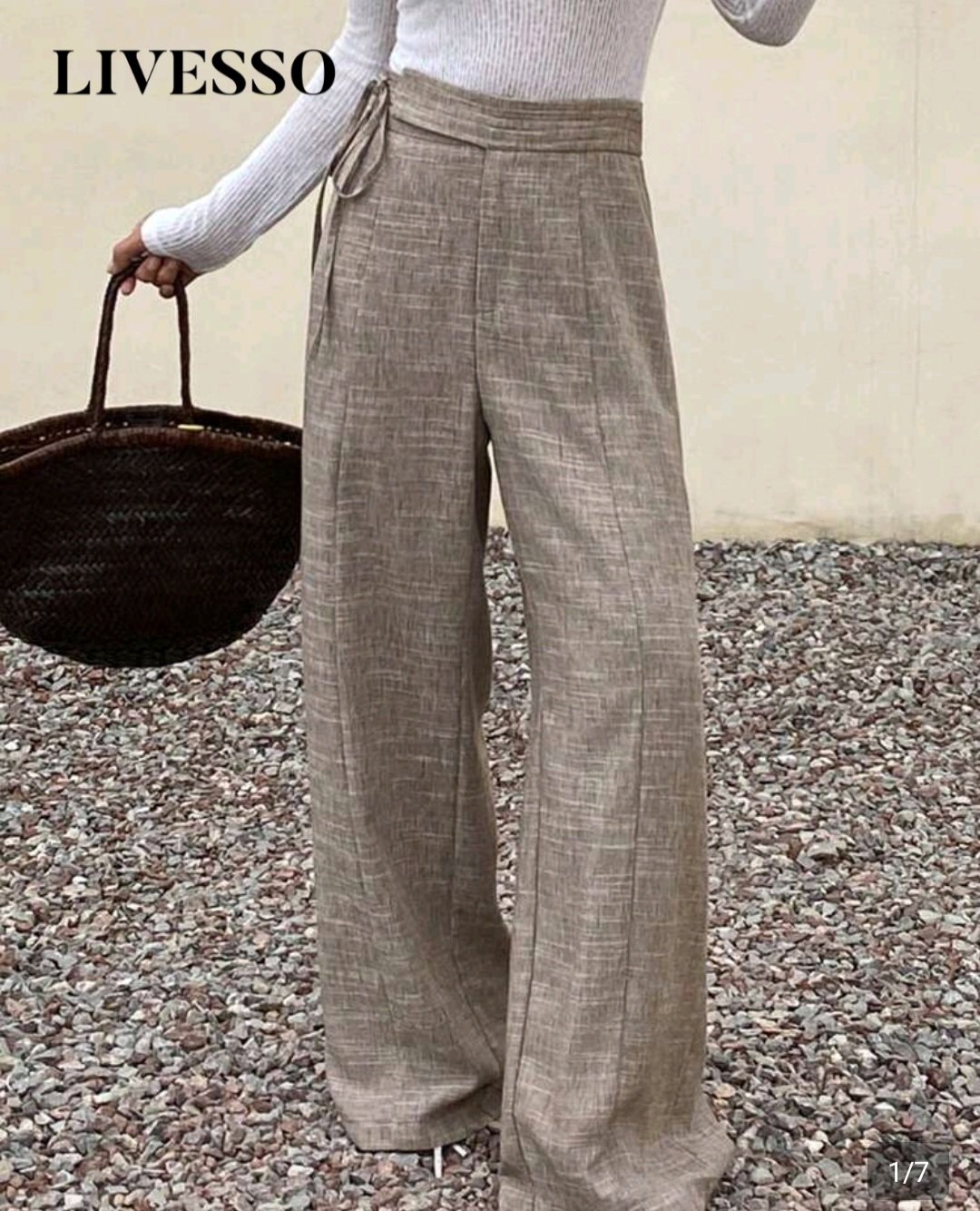 Pantalon Femme Fluide Taille Haute Cintrée à Liens – Marron Chiné Élégant | Maternita Dakar