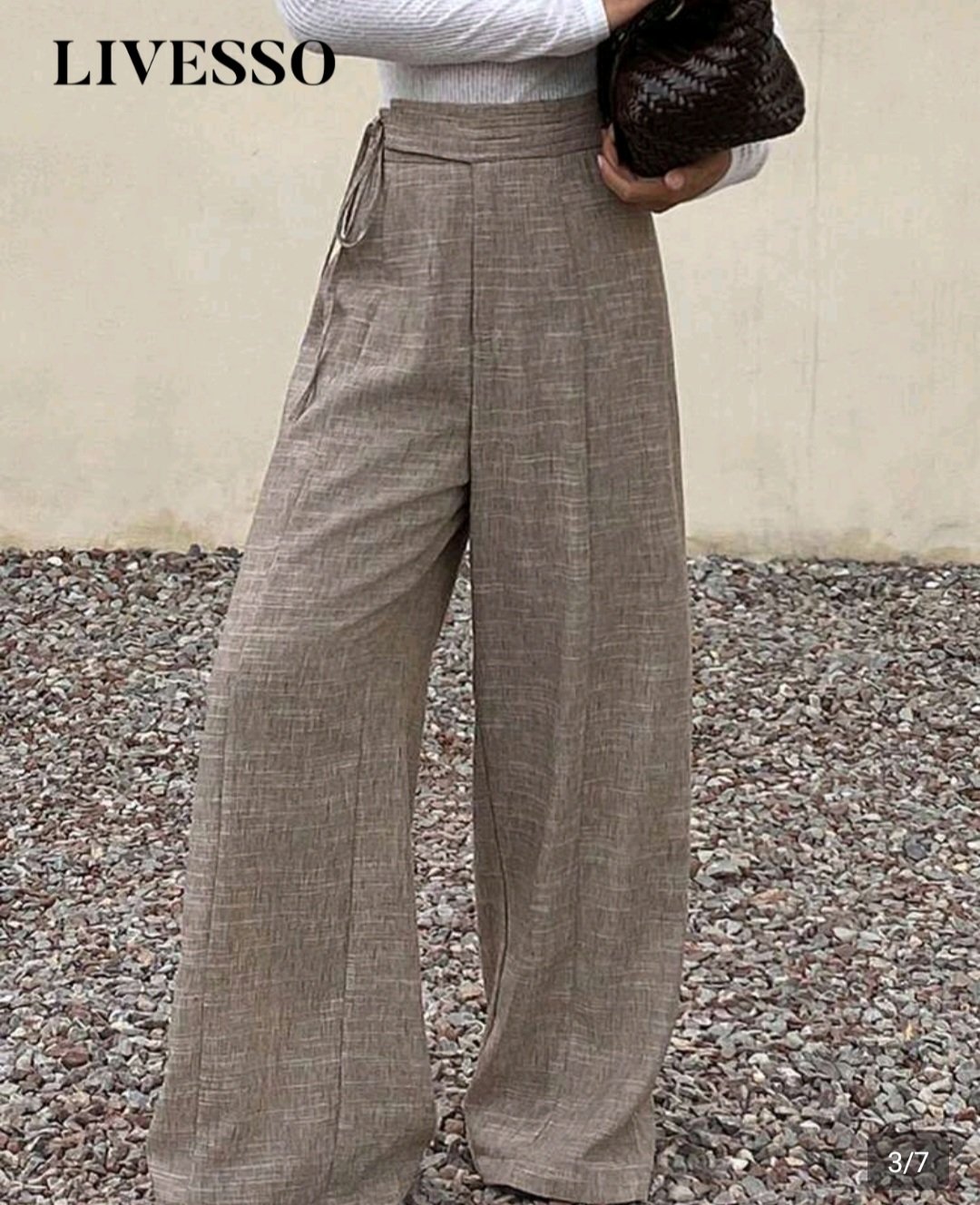 Pantalon Femme Fluide Taille Haute Cintrée à Liens – Marron Chiné Élégant | Maternita Dakar – Image 3