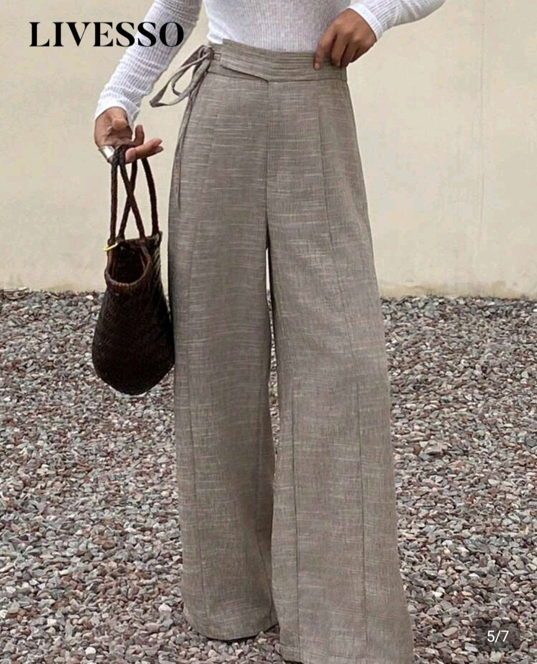 Pantalon Femme Fluide Taille Haute Cintrée à Liens – Marron Chiné Élégant | Maternita Dakar – Image 2