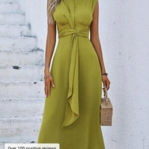 Robe Femme Longue Élégante Vert Olive avec Ceinture Nouée – Idéale Maternité & Femme | Maternita Dakar