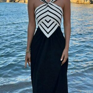 Robe longue femme noire et blanche à rayures – Style élégant et féminin. Maternita Dakar