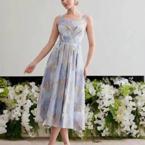 Robe Midi Fleurie Femme Bleu Ciel Élégante – Motif Floral Soirée | Tailles 40 et 42 Maternita DAKAR