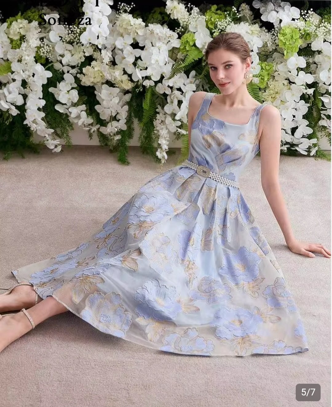 Robe Midi Fleurie Femme Bleu Ciel Élégante – Motif Floral Soirée | Tailles 40 et 42 Maternita DAKAR – Image 6