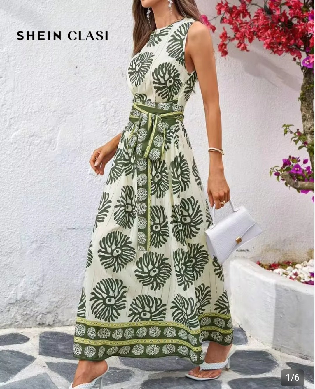 Robe longue femme imprimée vert kaki et écru avec ceinture – Tailles 40 et 42 Maternita Dakar – Image 4