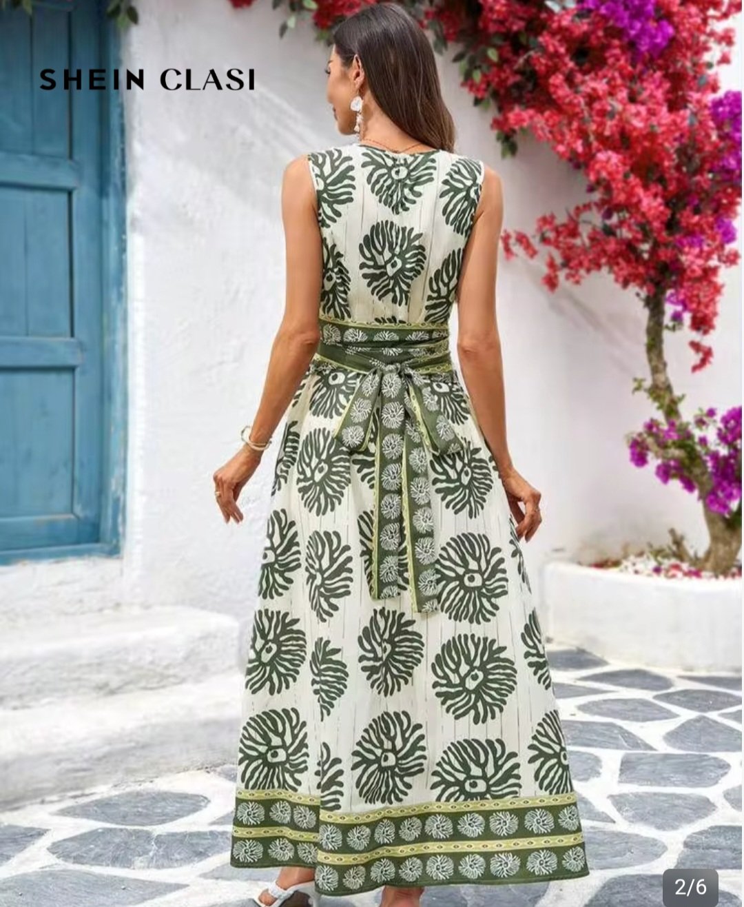 Robe longue femme imprimée vert kaki et écru avec ceinture – Tailles 40 et 42 Maternita Dakar – Image 2