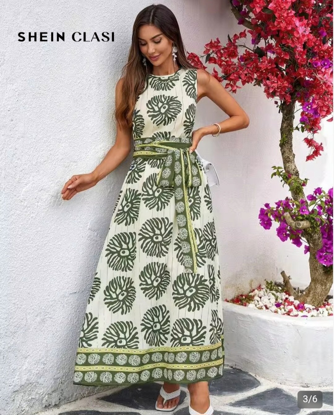 Robe longue femme imprimée vert kaki et écru avec ceinture – Tailles 40 et 42 Maternita Dakar – Image 3