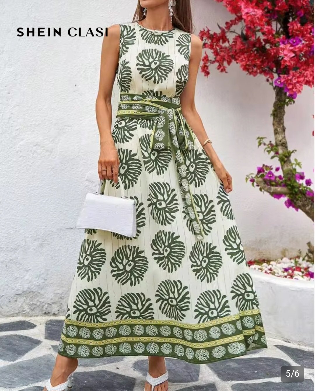 Robe longue femme imprimée vert kaki et écru avec ceinture – Tailles 40 et 42 Maternita Dakar – Image 6