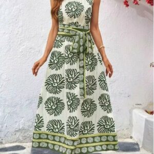 Robe longue femme imprimée vert kaki et écru avec ceinture – Tailles 40 et 42 Maternita Dakar