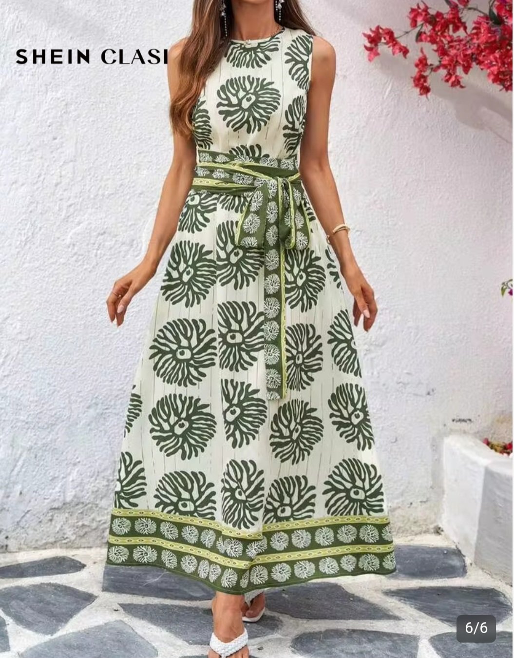 Robe longue femme imprimée vert kaki et écru avec ceinture – Tailles 40 et 42 Maternita Dakar