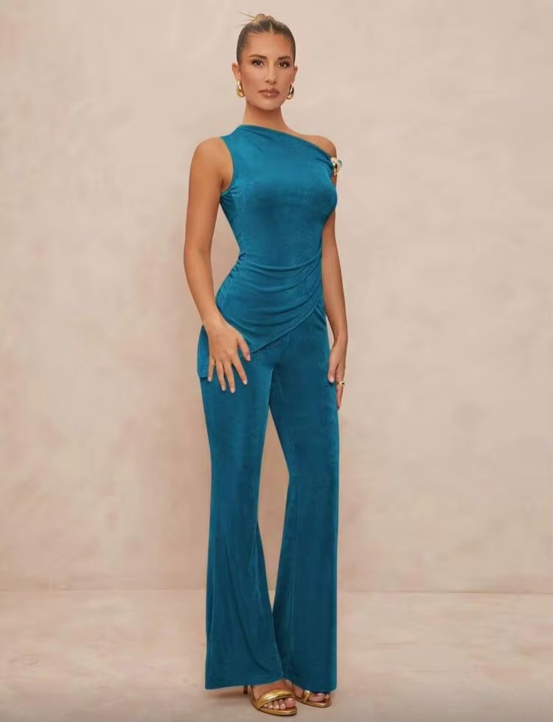 Ensemble Bleu Canard Asymétrique Chic – Pantalon Évasé & Top Drapé | Bambinerie & Maternita Dakar
