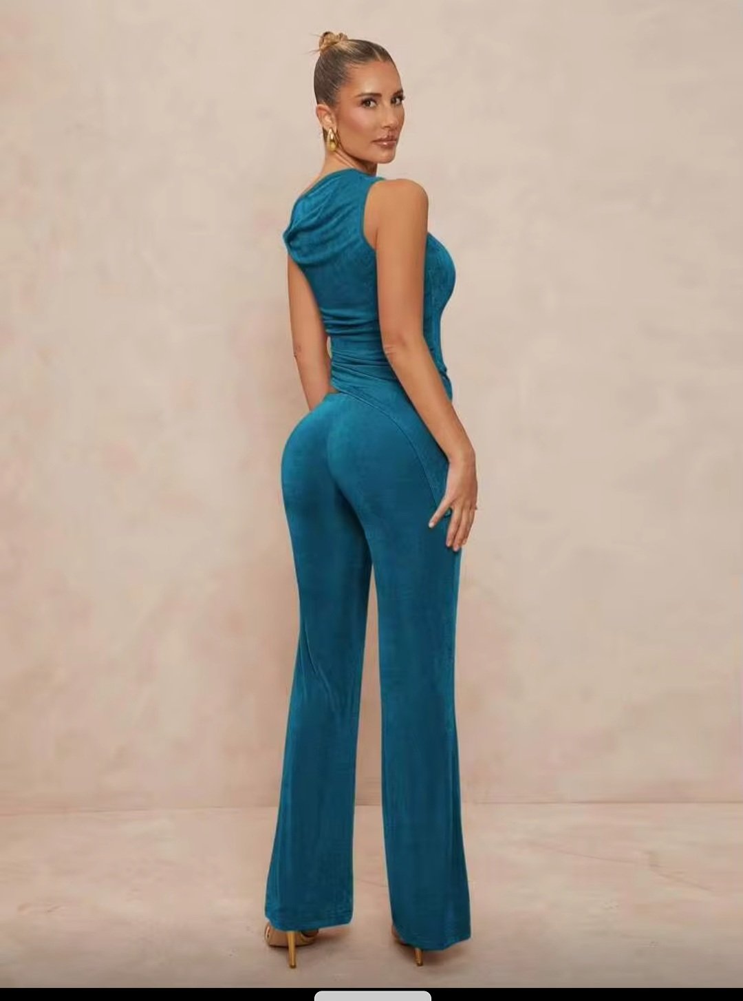 Ensemble Bleu Canard Asymétrique Chic – Pantalon Évasé & Top Drapé | Bambinerie & Maternita Dakar – Image 3