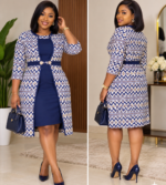 Ensemble Robe Droite & Veste Mantelet Bleu Nuit à Motifs Géométriques – Taille 40-42 | Bambinerie Maternita Dakar (Déstockage Neuf)