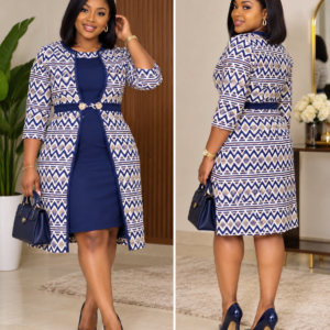 Ensemble Robe Droite & Veste Mantelet Bleu Nuit à Motifs Géométriques – Taille 40-42 | Bambinerie Maternita Dakar (Déstockage Neuf)