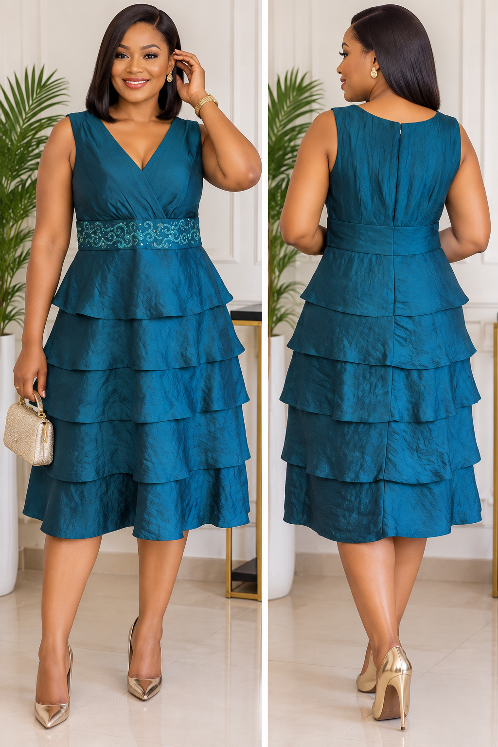 Robe Femme de Cérémonie Bleu Paon à Volants Étagés – Taille 40-42 | Déstockage Chic Dakar – Bambinerie Maternita