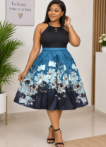 Robe Évasée à Imprimé Floral Bleu & Noir – Taille 40-42 (Destockage Seconde Main) | Maternita Dakar