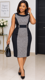 Robe Fourreau Noire Bicolore à Pois & Boucles Dorées – Taille 40-42 (L) | Déstockage Seconde Main Dakar – Maternita