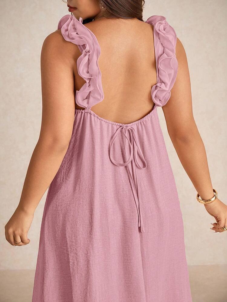 Robe longue fluide d'été vieux rose avec bretelles volantées et dos nu noué taille 40-42 Bambinerie Maternita Dakar.
