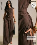 Ensemble deux pièces femme haut asymétrique et pantalon large rayé marron Bambinerie Maternita Dakar