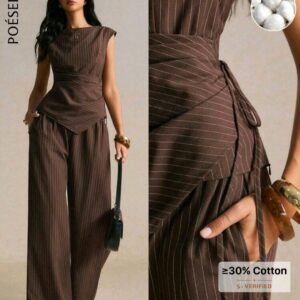 Ensemble deux pièces femme haut asymétrique et pantalon large rayé marron Bambinerie Maternita Dakar