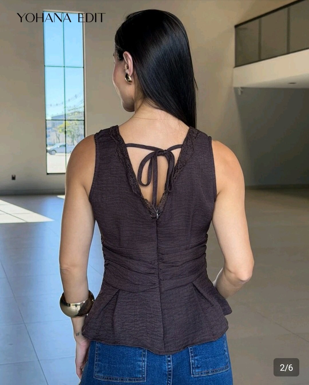 Haut péplum sans manches marron chocolat avec décolleté dentelle et dos noué taille 40 42 Bambinerie Maternita Dakar