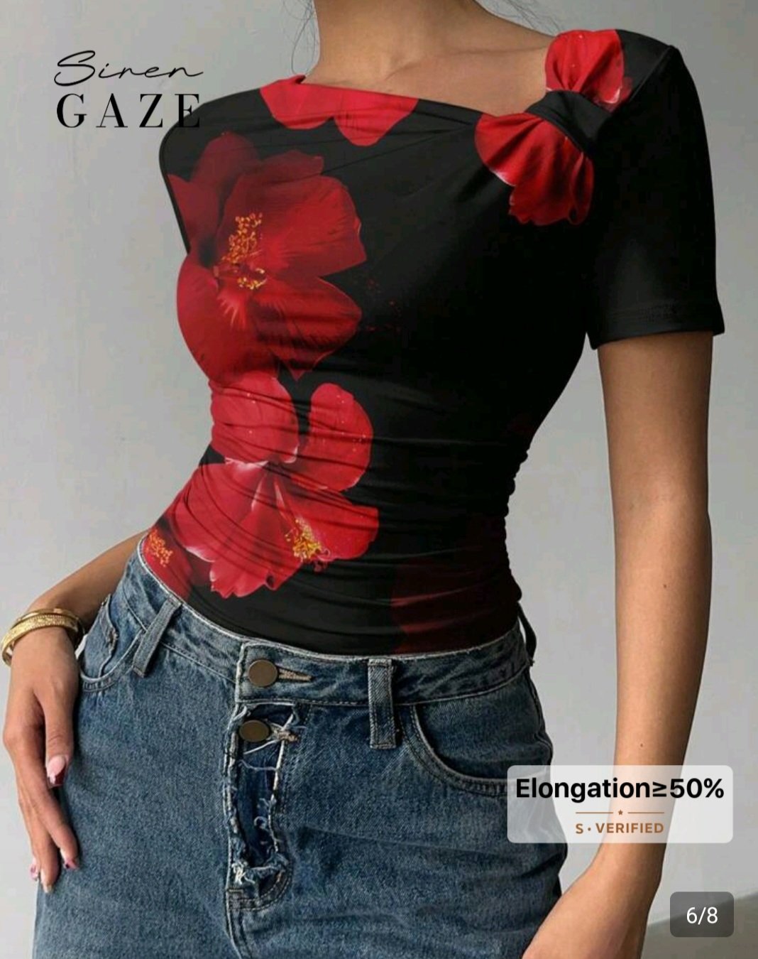 Bambinerie Maternita, prêt-à-porter Dakar, déstockage vêtements Dakar, top fleuri femme Dakar, t-shirt asymétrique chic, mode femme Sénégal, boutique en ligne Dakar, Siren Gaze Dakar