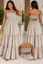 Robe longue fluide beige nude dos nu découpé taille 40 neuf destockage Bambinerie Maternita Dakar
