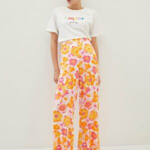 Look pantalon femme large imprime fleuri rose et orange taille 40 boutique Dakar