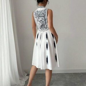 robe-patineuse-mi-longue-blanche-imprime-noir-col-montant-maternita-dakar