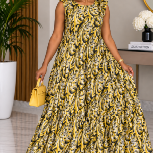 Robe longue, Mode Dakar, Déstockage Dakar, Bambinerie Maternita, Taille 40, Taille 42, Taille 44, Robe jaune, Robe avec foulard