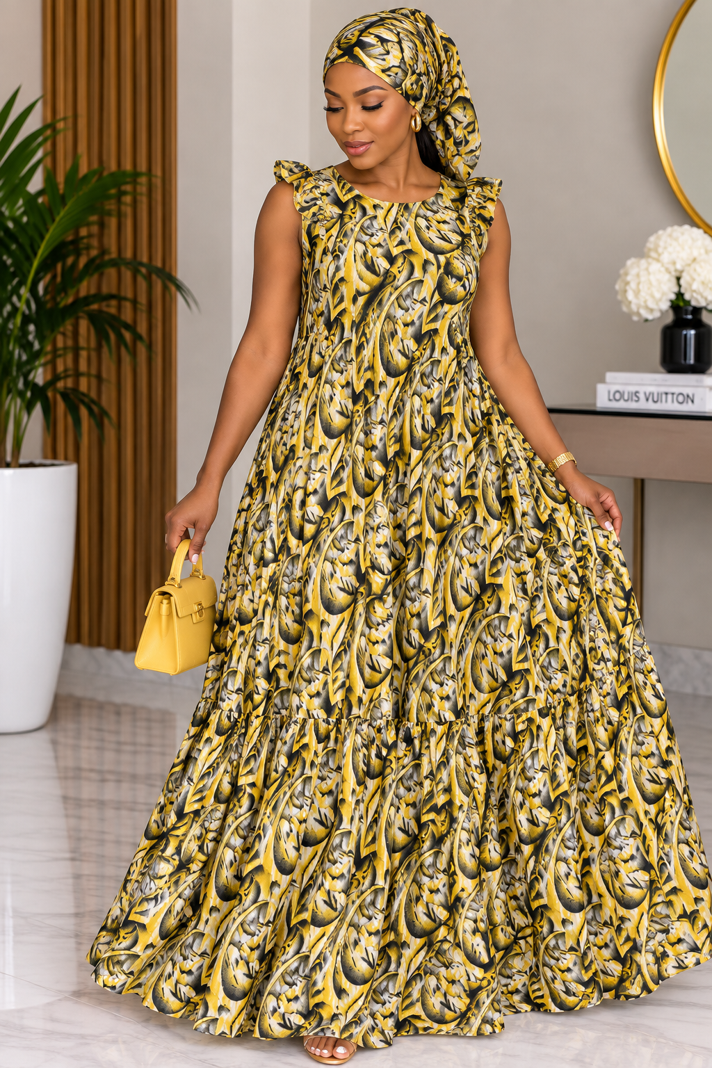 Robe longue, Mode Dakar, Déstockage Dakar, Bambinerie Maternita, Taille 40, Taille 42, Taille 44, Robe jaune, Robe avec foulard