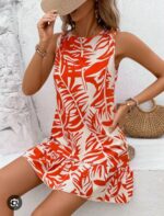 ​Robe femme  Courte Évasée Sans Manches à Imprimé Feuillage Rouge & Blanc – Taille 40/42 (Neuf Destockage) | Bambinerie Maternita Dakar