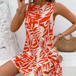 ​Robe femme  Courte Évasée Sans Manches à Imprimé Feuillage Rouge & Blanc – Taille 40/42 (Neuf Destockage) | Bambinerie Maternita Dakar
