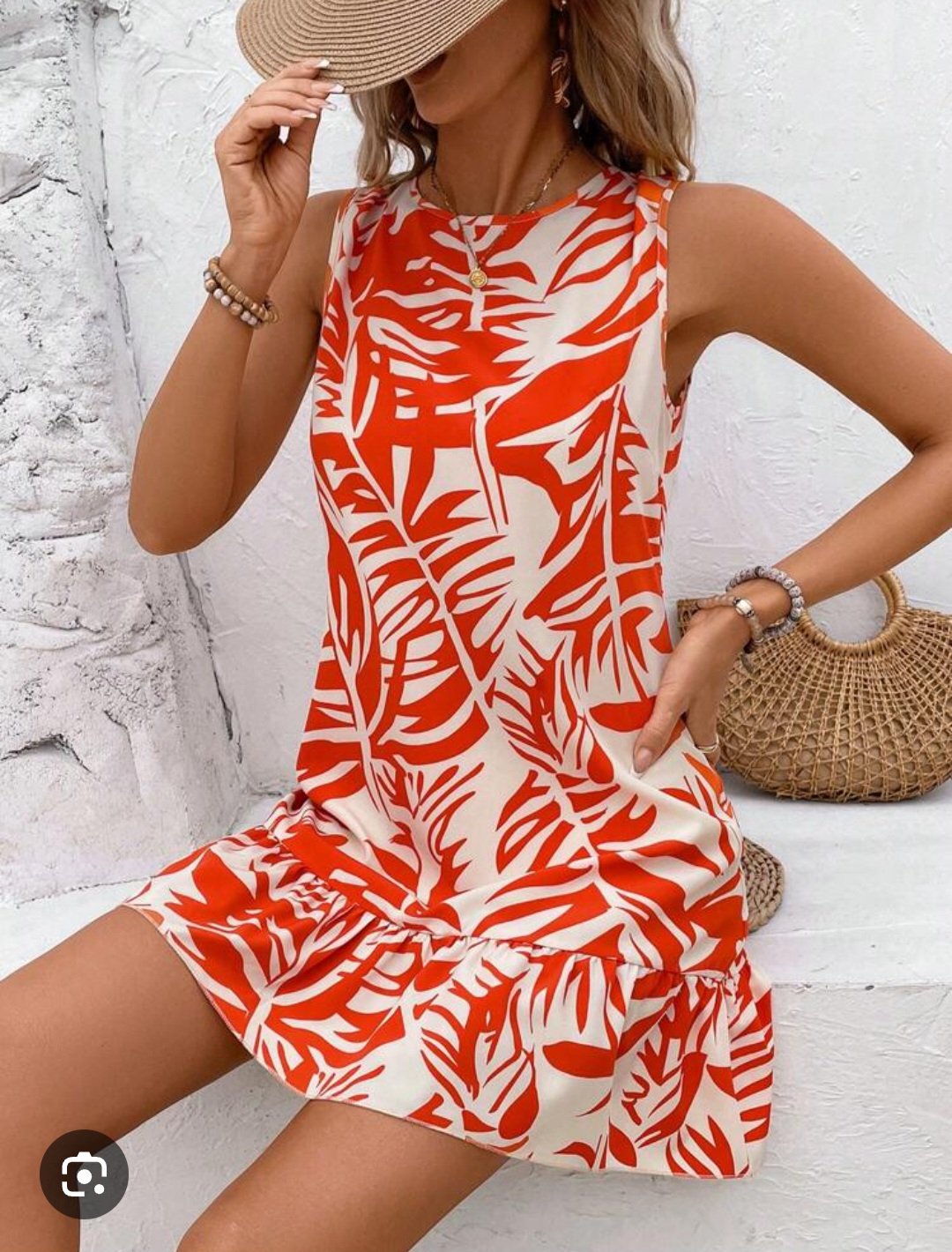 Robe femme Courte Évasée Sans Manches à Imprimé Feuillage Rouge & Blanc – Taille 40/42 (Neuf Destockage) | Bambinerie Maternita Dakar