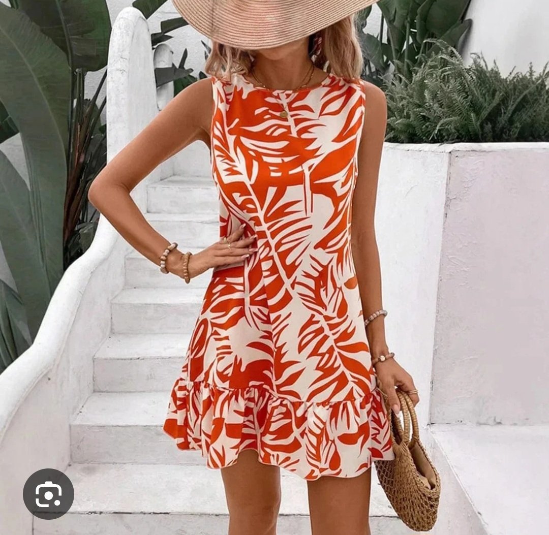 Robe femme Courte Évasée Sans Manches à Imprimé Feuillage Rouge & Blanc – Taille 40/42 (Neuf Destockage) | Bambinerie Maternita Dakar – Image 2
