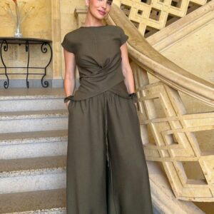 ensemble-pantalon-palazzo-vert-kaki-top-drape-taille-40-42-bambinerie-maternita-dakar