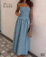Robe longue ete a rayures bleu ciel et laçage corset Siren Gaze Bambinerie Maternita Dakar