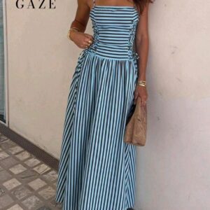 Robe longue ete a rayures bleu ciel et laçage corset Siren Gaze Bambinerie Maternita Dakar