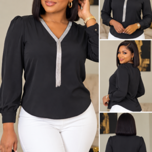 haut-chic-femme-col-v-strass-blanc-dakar-maternita / chemisier-noir-fluide-chaine-strass-dakar-maternita