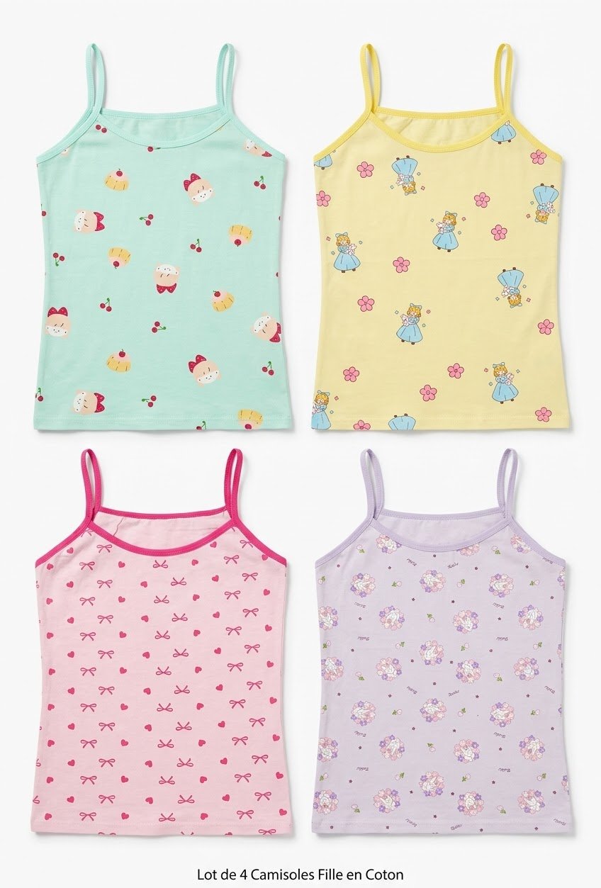 camisole sous-vetement fille en pur coton a bretelles fines motifs colores Bambinerie Maternita Dakar