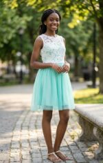 Robe de Cérémonie Ado Fille en Dentelle & Tulle Vert Menthe – Taille S / 38 (10-15 ans) | Bambinerie Maternita Dakar